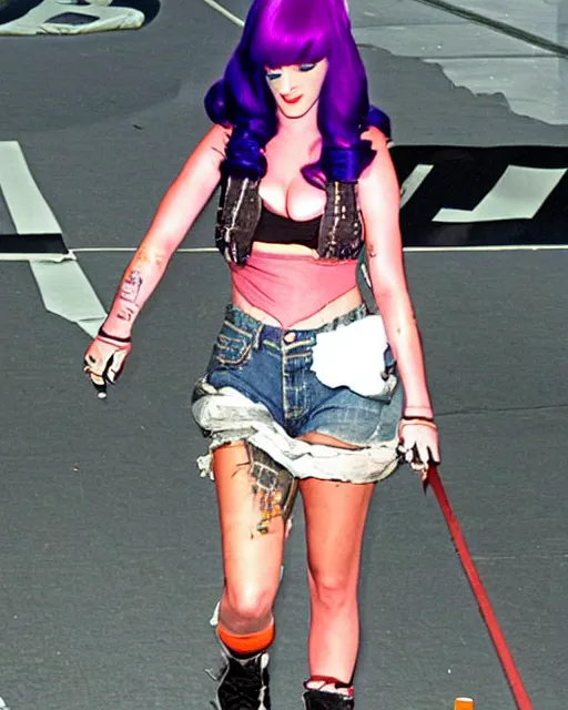Image similar to Homeless Katy Perry walking the runway wearing tattered rags, grand theft auto san andreas