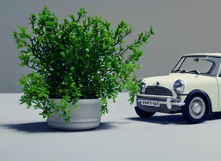 Prompt: a small miniature of a Mini Cooper S 1963 on a white table near a vase with a plant, 3d render, octane render, unreal engine 5, path tracing, serene landscape, calm, relaxing, beautiful landscape, highly detailed, high quality, 4k, symmetrical, low contrast