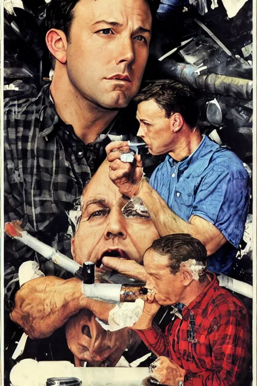 Image similar to sad ben affleck wearing checkered shirt and white cap, with a cigarettein mounth, and huge spanner, poster, by norman rockwell