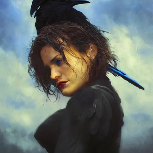 Image similar to morning, raven bird perching on the shoulder of a woman in a black dress. sun, cinematic, clouds, vogue cover style, copper and deep blue mood, realistic painting, intricate oil painting, high detail, figurative art, multiple exposure, poster art, 3 d, by simon bisley, ismail inceoglu, wadim kashin, filip hodas.