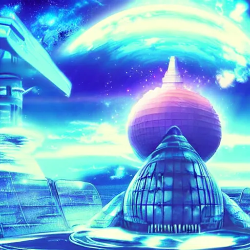 Image similar to Satoshi's futuristic castle, synthwave, space background, very beautiful, photo realistic