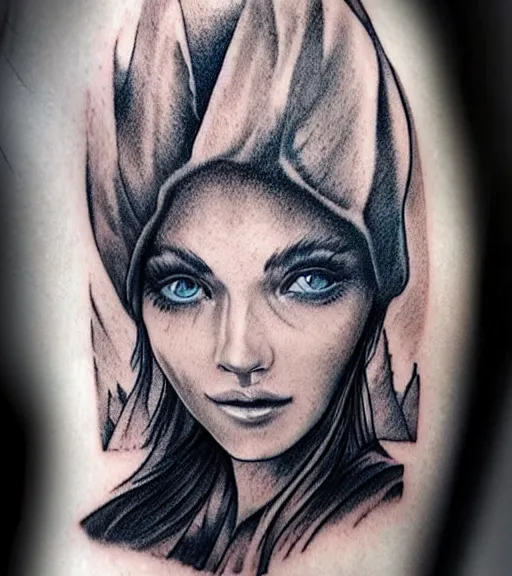 Image similar to tattoo design sketch of a beautiful blue - eyed woman face with a faded background of beautiful mountains and nature on her side, hyper - realistic, in the style of den yakovlev, amazing detail, black and white