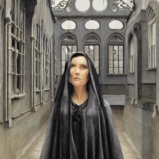Image similar to detailed face of an intelligent cloaked scholarly middle aged woman with kind eyes in a architectonic victorian courtyard at a science expo, atmospheric, ambient, pj crook, syd mead, livia prima, artgerm, greg rutkowski, nick alm, casey baugh