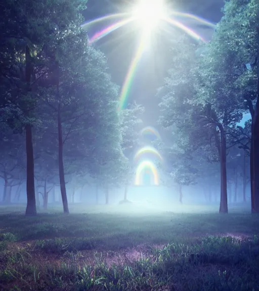 Image similar to symmetric daydreaming of the god of sun glare, fluid dance of the blockchain big cotton sheets in the center of the air, cyberpunk forest, majestic light, octane render, beauty fog, ethereal glare of the sun, raining rainbow, volumetric lighting, hyperealistic, epic, masterpiece