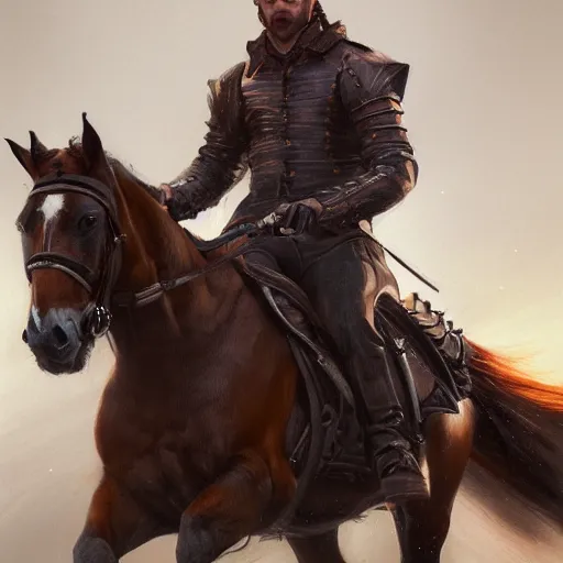 Image similar to portrait of a man riding a horse, elegant, highly detailed, oil painting, artstation, concept art, matte, sharp focus, illustration