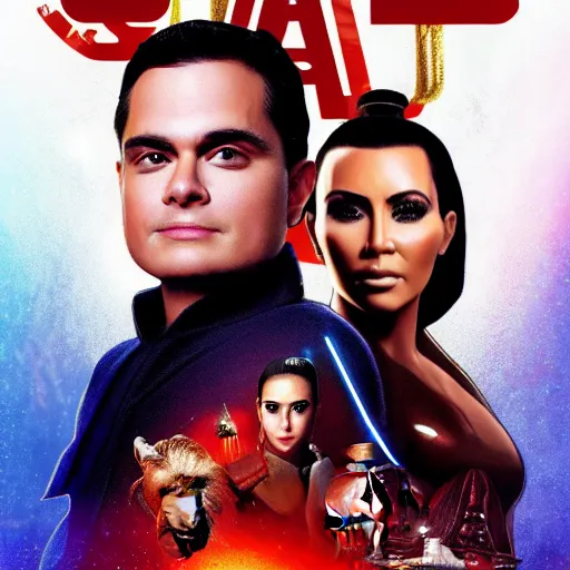 Image similar to super detailed star wars movie poster with ben shapiro, snooki and kim kardashian, 8k full HD photo, cinematic lighting, anatomically correct, oscar award winning, action filled, correct eye placement,