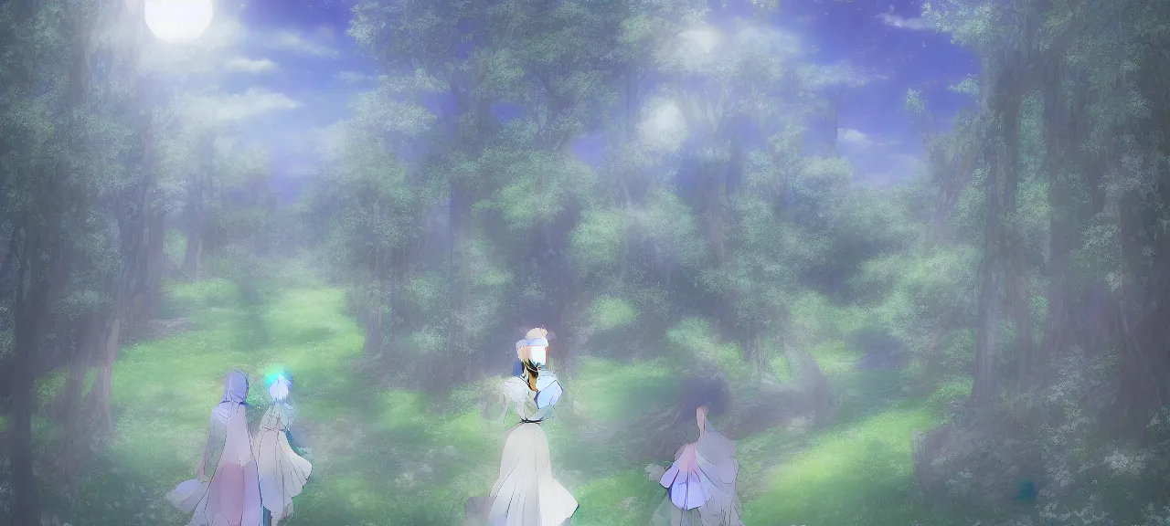 Image similar to illyasviel walking through enchanted ghibli clover | Big Moon at Blue Night | Trees with white flowers | bioluminescent blue FLOWERS | strong blue rimlit | visual-key | anime illustration | highly detailed High resolution | Light Novel | Visual Novel | In the style of Miyama-Zero, Yuuki Hagure