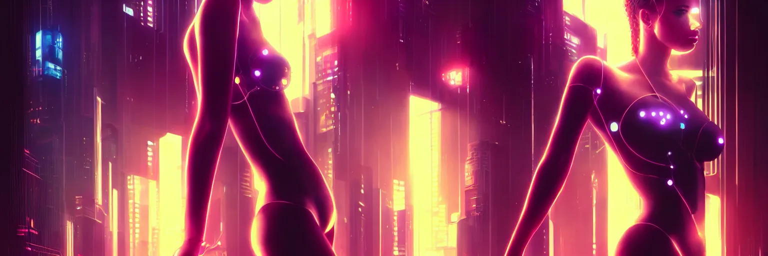 Prompt: portrait of one female humanoid in a cyberpunk cityscape, half body cropping, elegant glamor pose, accurate anatomy, cyber led neon lighting, bokeh, rule of thirds, hyper photorealistic, crispy quality, digital photography, art by pascal blanche, art by artgerm, art by greg rutkowski,