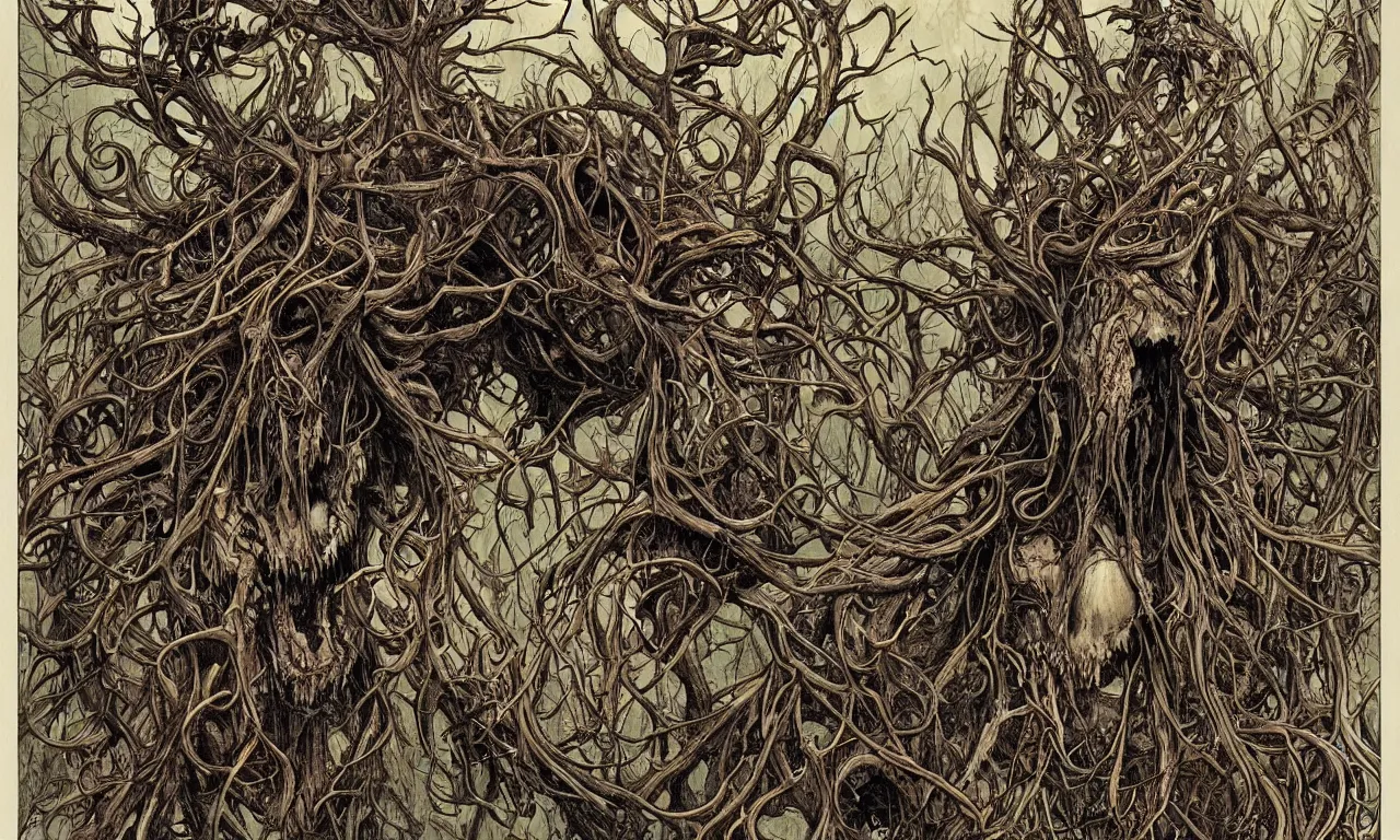 Image similar to hyperdetailed art nouveau portrait of treebeard as a cthulhu eyeball moose skull wendigo cryptid monster, by geof darrow, simon bisley and bill sienkiewicz, grim yet sparkling atmosphere, photorealism, claws, skeleton, antlers, fangs, forest, wild, crazy, horror, lynn varley, lovern kindzierski, steve oliff