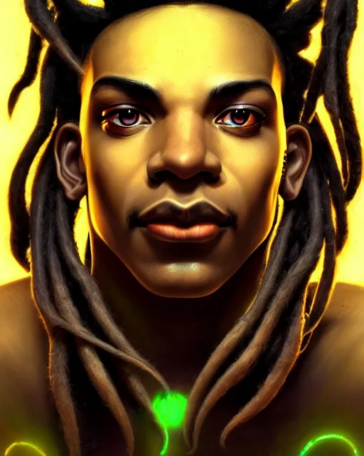 Prompt: lucio from overwatch, dreadlocks, fantasy, fantasy art, character portrait, portrait, close up, highly detailed, intricate detail, amazing detail, sharp focus, vintage fantasy art, vintage sci - fi art, radiant light, caustics, by boris vallejo