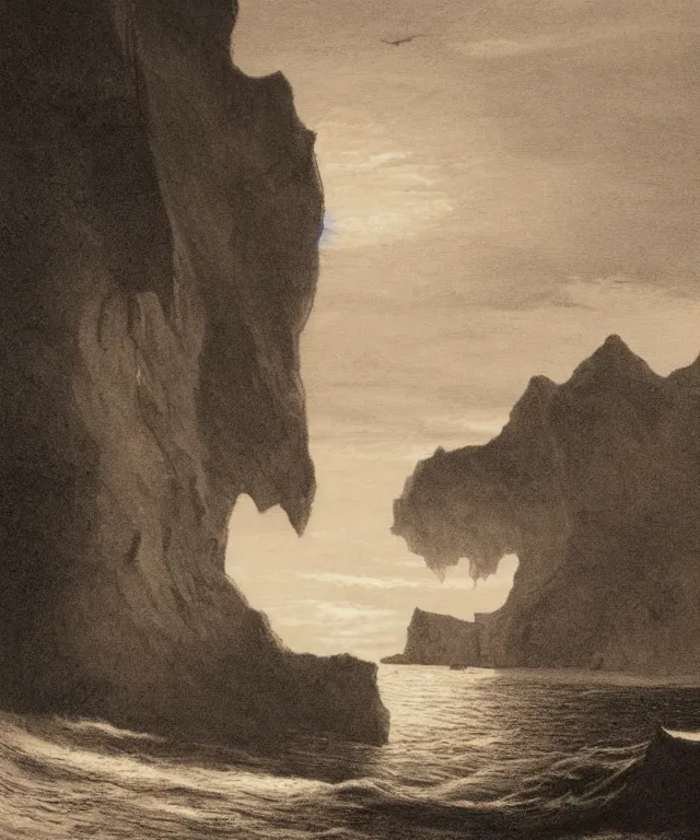 Image similar to photorealistic sepia painting of a 1 9 2 5 bay boat sailing in front of a tropical island cliff with the mouth of a grotto at the waterline, dark, brooding, atmospheric, lovecraft, by dave dorman