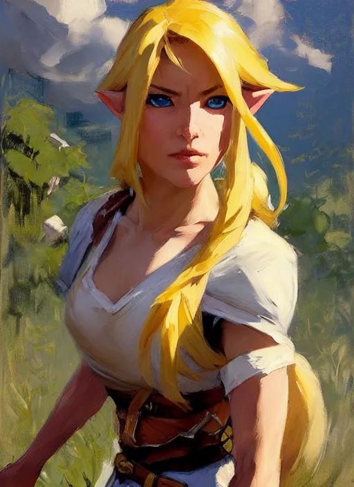 Image similar to Greg Manchess painting of a female Link from Legend of Zelda, countryside, calm, fantasy character portrait, dynamic pose, above view, sunny day, thunder clouds in the sky, artwork by Jeremy Lipkin and Giuseppe Dangelico Pino and Michael Garmash and Rob Rey, very coherent asymmetrical artwork, sharp edges, perfect face, simple form, 100mm