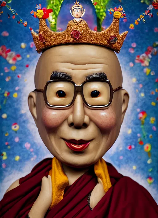 Image similar to closeup face profile portrait of tin toy dalai lama as a fairytale prince wearing a crown eating cakes, depth of field, zeiss lens, detailed, symmetrical, centered, fashion photoshoot, by nicoletta ceccoli, mark ryden, lostfish, breathtaking, 8 k resolution, extremely detailed, beautiful, establishing shot, artistic, hyperrealistic, octane render