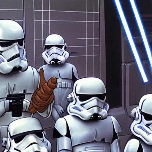 Prompt: yoda with stormtroopers ralph mcquarrie