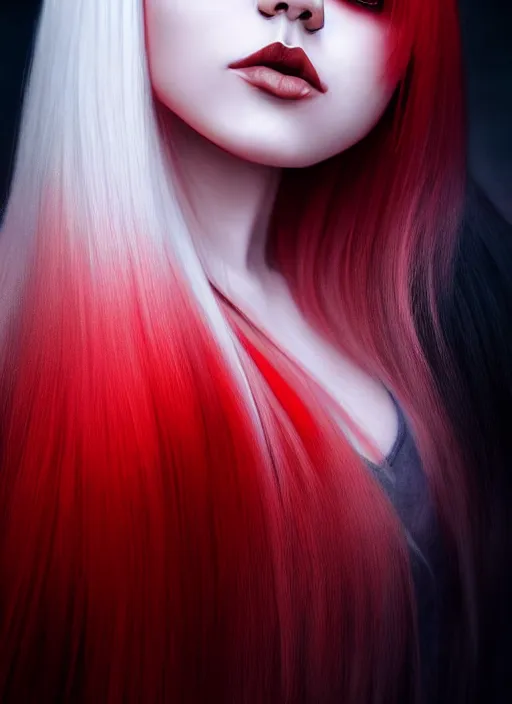 Image similar to photo of kerli koiv with red and white ombre in the style of stefan kostic, realistic, half body shot, sharp focus, 8 k high definition, insanely detailed, intricate, elegant, art by stanley lau and artgerm, foggy backgeound