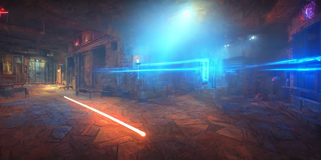 Image similar to screenshot of deathtrap dungeon, videogame, neon glow, lens flare, 8 k, unreal engine