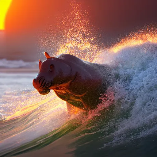 Image similar to a closeup photorealistic photograph of a happy cute tiger hippopotamus riding a large wave during sunset. surf in the background. professional capture. brightly lit scene. this 4 k hd image is trending on artstation, featured on behance, well - rendered, extra crisp, features intricate detail, epic composition and the style of unreal engine.