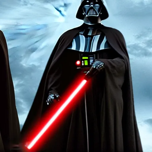 Image similar to voldemort vs darth vader, movie still photo,