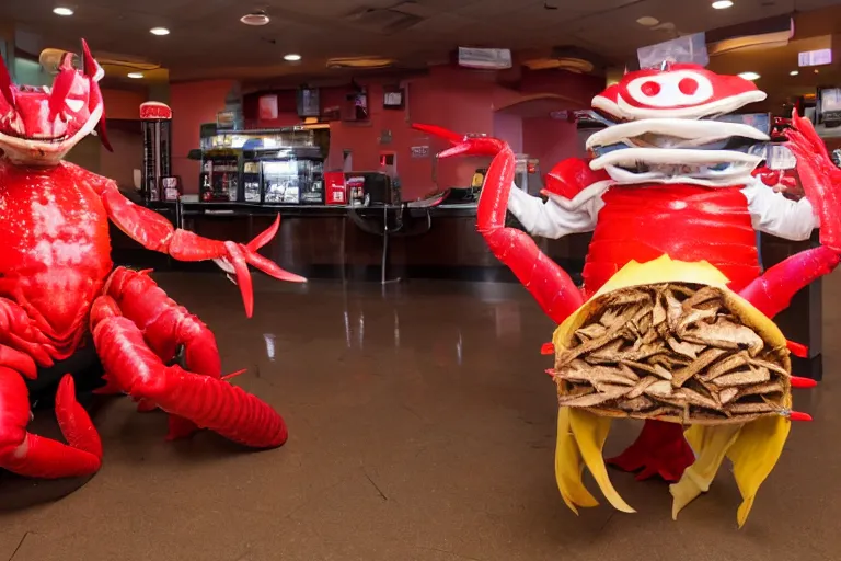 Prompt: cosplayer dressed like a crab, in 2 0 1 8, at an arbys, crabcore, royalcore, low - light photograph, photography by tyler mitchell