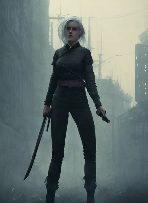 Image similar to ciri in a dark industrial soviet city, smog, atmospheric, pollution, digital art, by greg rutkowski, highly detailed, by jeremy lipking, octane render, detailed face