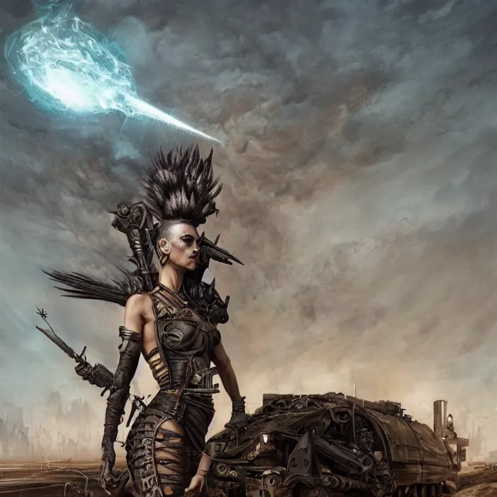 Image similar to beautiful apocalyptic woman with mohawk, standing on mad max panzer tank, hyper-detailed, smooth, sharp focus, 4k ultra hd, fantasy dark art, tank girl, artgerm, artstation, octane render, elegant, detailed digital painting, apocalyptic art, Peter mohrbacher, unreal engine, depth map