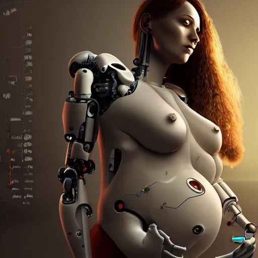 Prompt: pregnant female cyborg, robot anatomy elements, female body elements, cozy atmospheric and cinematic lighting, ultra rendered extreme realism and detail, 8 k, photorealistic, sharp focus