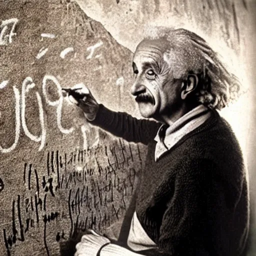 Prompt: Albert Einstein as a neanderthal writing equations on the wall of a cave