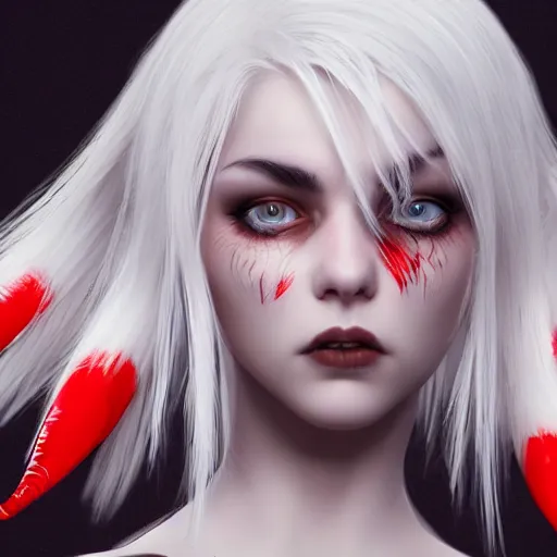 Image similar to a highly detailed portrait of a humanoid demon girl with white hair, red horns, in white clothes, artstation, deviantart, professional, unreal engine 5, photorealistic