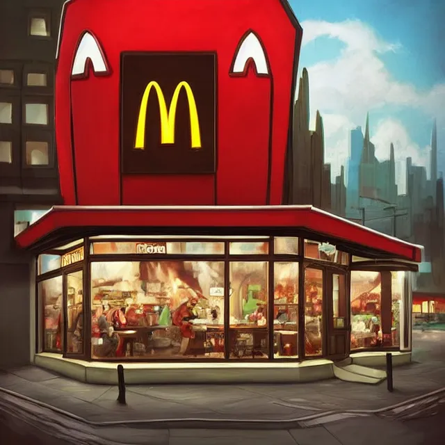 Prompt: a mcdonald's restaurant in hell trending on artstation deviantart pinterest detailed realistic hd 8 k high resolution