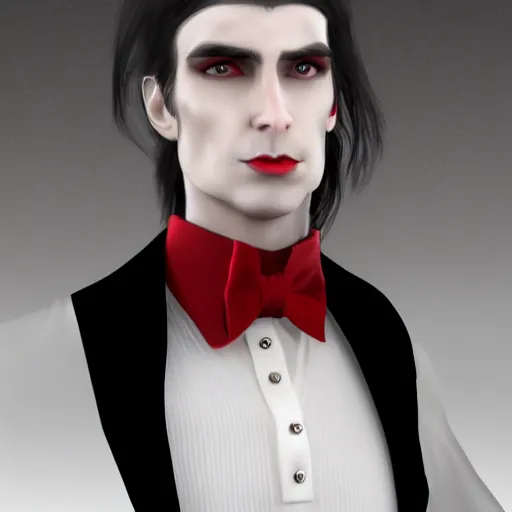 Prompt: a pale vampire, male, mid - 3 0 s, long black hair, clean shaven, dressed formally in red and black, high fantasy, realistic, classy, highly detailed, concept art, 8 k.