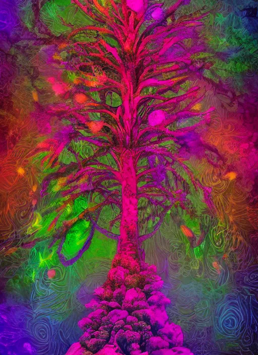 Image similar to a psychedelic totem made of trees and multicolor flowers, fulcolor octane remder, cinematic