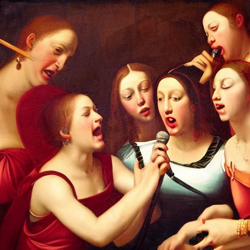 Prompt: renaissance painting of girl singing in karaoke bar, red earrings, group of friends at party