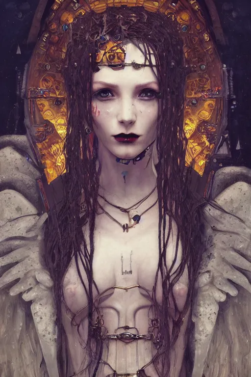 Image similar to portrait of beautiful young gothic maiden, cyberpunk, Warhammer, highly detailed, artstation, illustration, art by Gustav Klimt