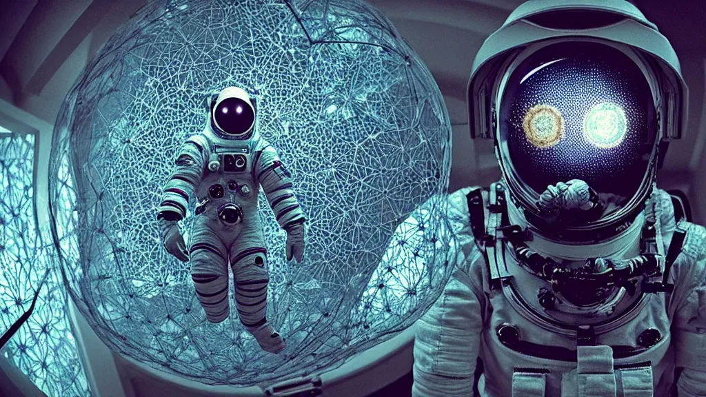 Image similar to a single astronaut eva suit interwoven with diamond 3d fractal lace iridescent bubble 3d skin and covered with insectoid compound eye camera lenses floats through the living room, film still from the movie directed by Denis Villeneuve with art direction by Salvador Dalí, wide lens,