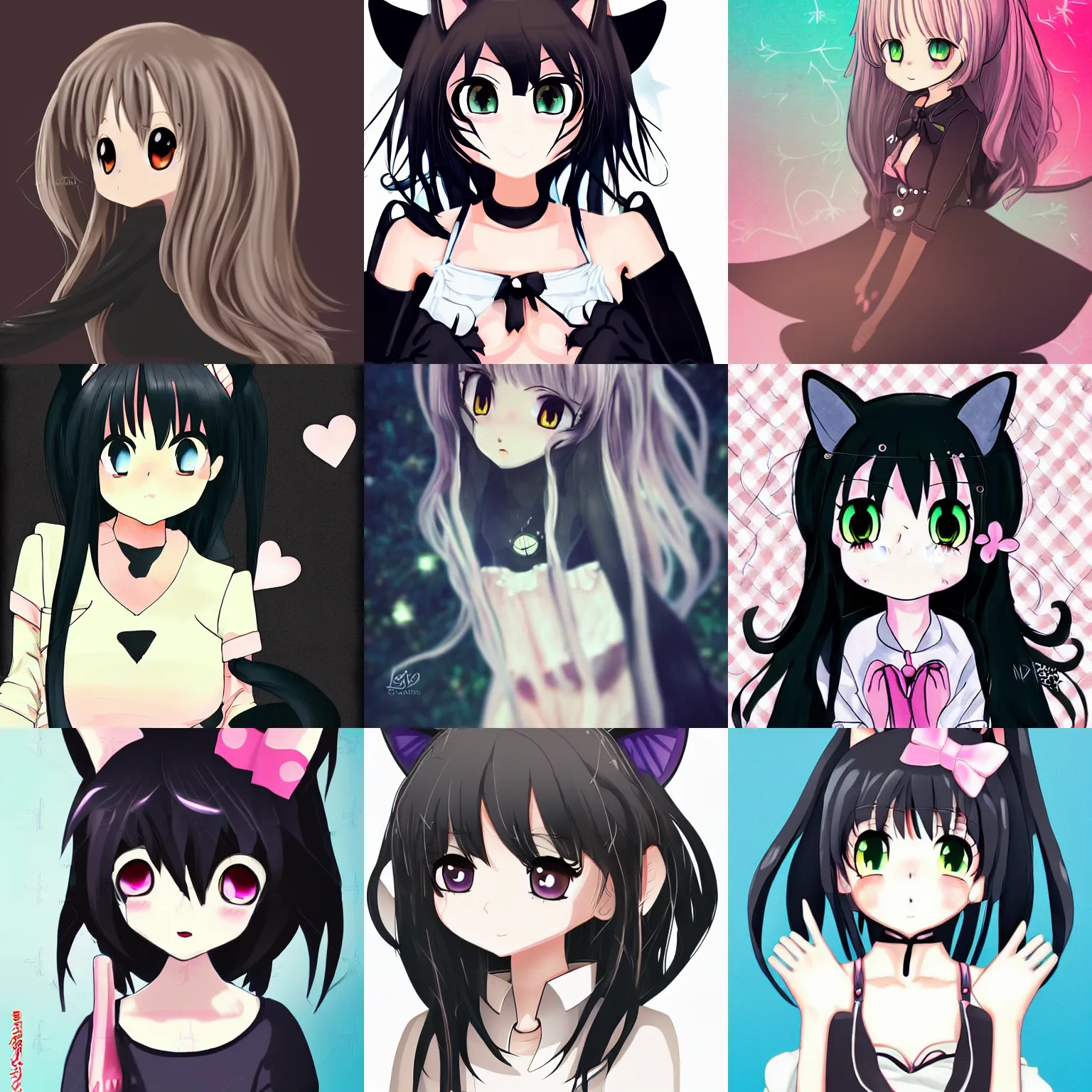 Image similar to cute, female, anime style, a salem black cat girl, beautiful lighting, sharp focus, creative