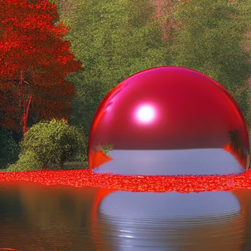 Image similar to A shiny red prism floating over a lake by Jeff Easley, rendered in octane.