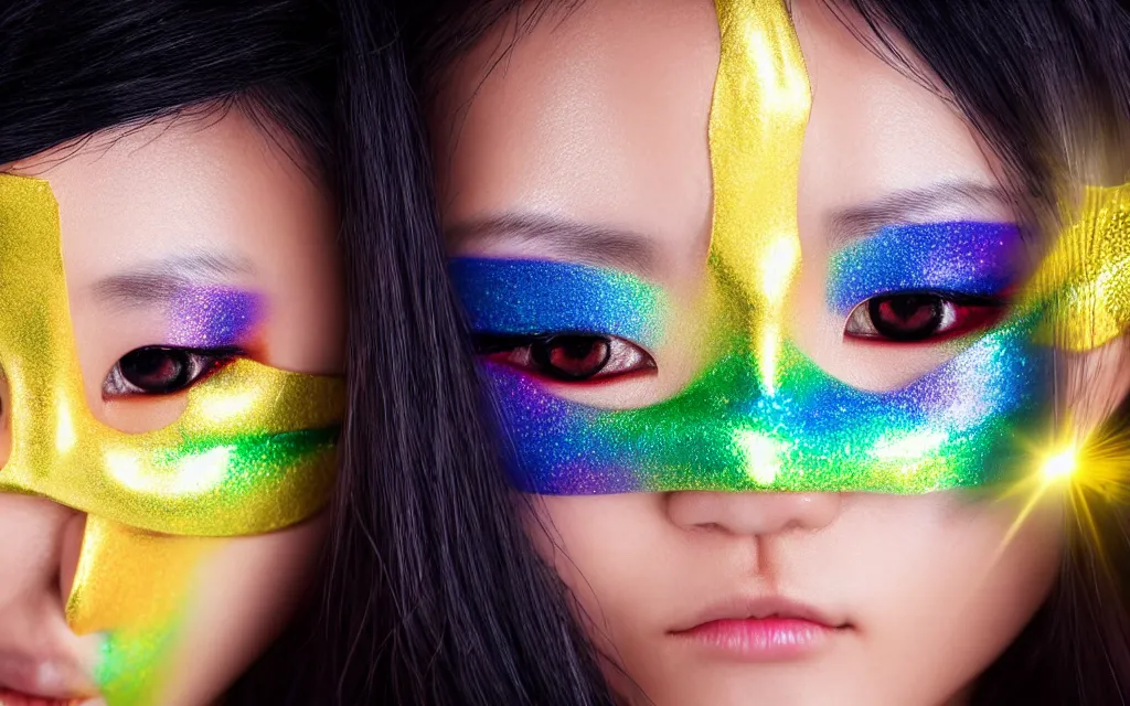 Prompt: japanese female ninja with mask and only eyes showing ; closeup goldenhour face photo with beautiful blue eyes with rainbow eyeshadow and ornate gold eyelashes, with rainbow light caustics