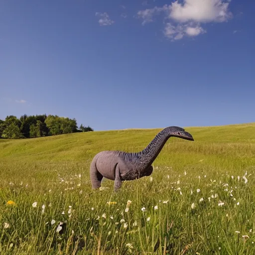 Image similar to a diplodocus lazily walking through a meadow enjoying the summer sun