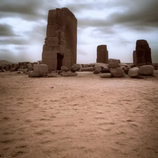 Prompt: a monolithic temple in a desert. overcast sky, grainy.