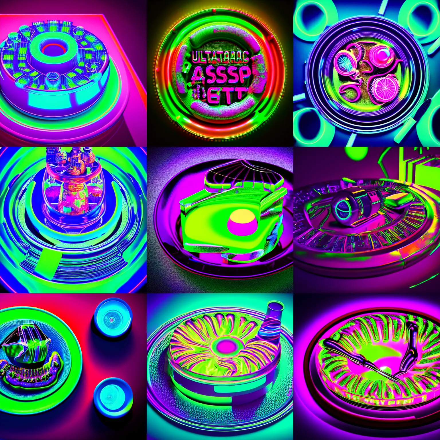 Prompt: ultradetailed still - life aspic on plate insanely detailed, octane render cyberpunk, neon, vaporwave inverted colors, electric colors, fluorescent scary, alluring, coveted