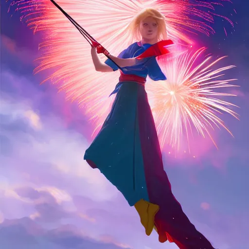 Image similar to colorful and festive captivating teenager girl with blonde hair, red japanese traditional clothes, shooting a firework with bow and arrow at the sky. rich vivid colors, ambient lighting, dynamic lighting, 4 k, atmospheric lighting, painted, intricate, highly detailed by charlie bowater