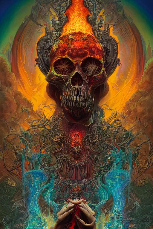 Prompt: gigantic psychedelic demonic cosmic skull of death and fire, fantasy painting, ultra realistic, wide angle, art nouveau, intricate details, digital painting, rainbowshift, vivid colors, highly detailed by peter mohrbacher, h. r. giger, maxfield parrish, craig mullins, octane render, cgi