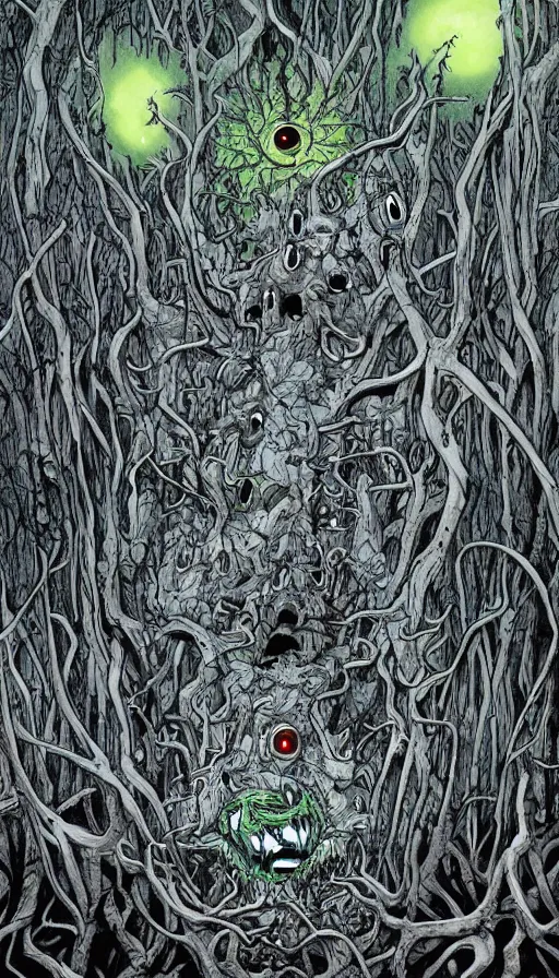 Prompt: a storm vortex made of many demonic eyes and teeth over a forest, by alex pardee