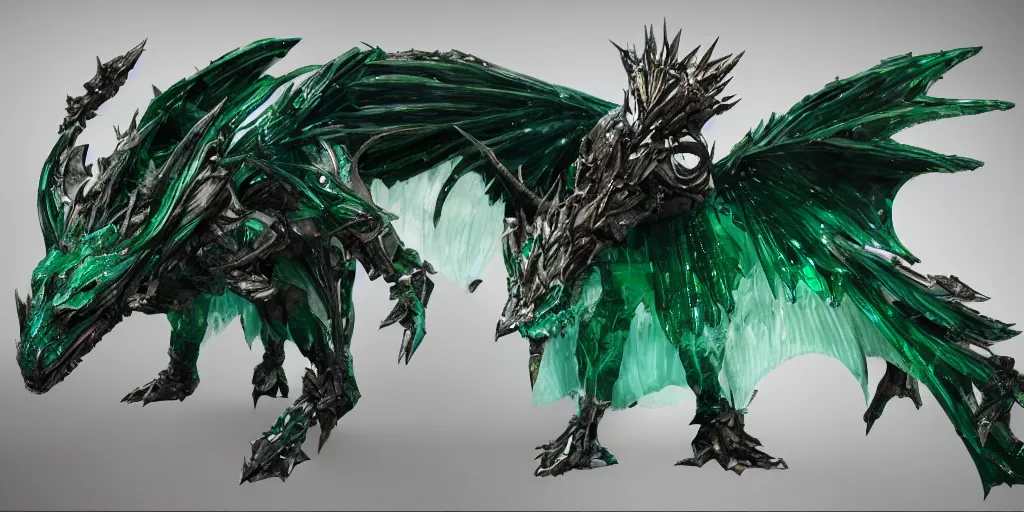 Prompt: Emerald four legged crystal bat, character design sheet, Monster Hunter Illustrations art book, big claws, sharp fangs, huge wings, long tail, iridescent scale patterns, cluster of crystals as spikes on its back, Moebius, Greg Rutkowski, Zabrocki, Karlkka, Jayison Devadas, Phuoc Quan, trending on Artstation, 8K, ultra wide angle, zenith view, pincushion lens effect.