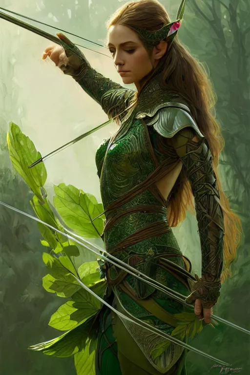 Image similar to male elven Archer armor made of green leaves, fantasy, amber eyes, face, long hair, intricate, elegant, highly detailed, digital painting, artstation, concept art, smooth, sharp focus, illustration, art by artgerm and greg rutkowski and alphonse mucha