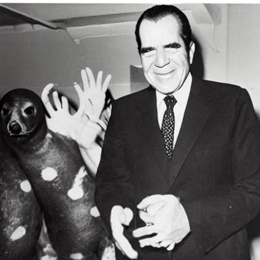 Image similar to Richard Nixon clubbing with seals and they're all dancing