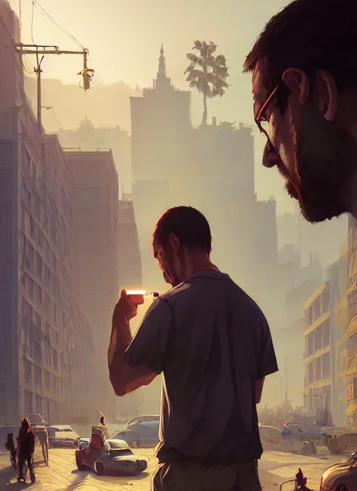 Image similar to highly detailed portrait a man getting vaccinated in gta v, stephen bliss, unreal engine, fantasy art by greg rutkowski, loish, rhads, ferdinand knab, makoto shinkai and lois van baarle, ilya kuvshinov, rossdraws, tom bagshaw, global illumination, radiant light, detailed and intricate environment