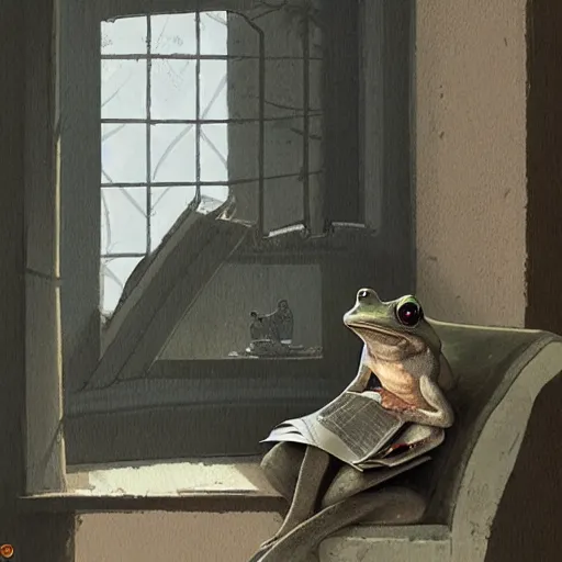 Image similar to A frog reading the newspaper in his armchair in the background books near a window by Greg rutkowski, Trending artstation