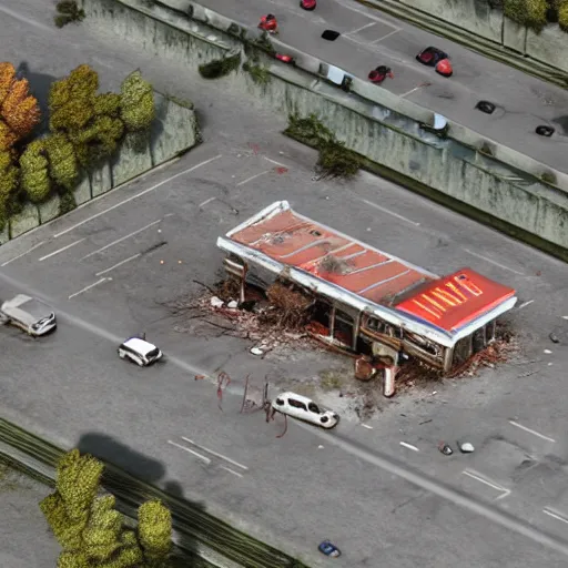 Image similar to top down aerial view of dilapidated gas - station with supermarket and shopping street in real life, desolate with zombies, dilapidated, zombies in the streets, nightmarish, some rusted style parked vehicles, sunny weather, few clouds, volumetric lighting, photorealistic, daytime, autumn, sharp focus, ultra detailed, cgsociety