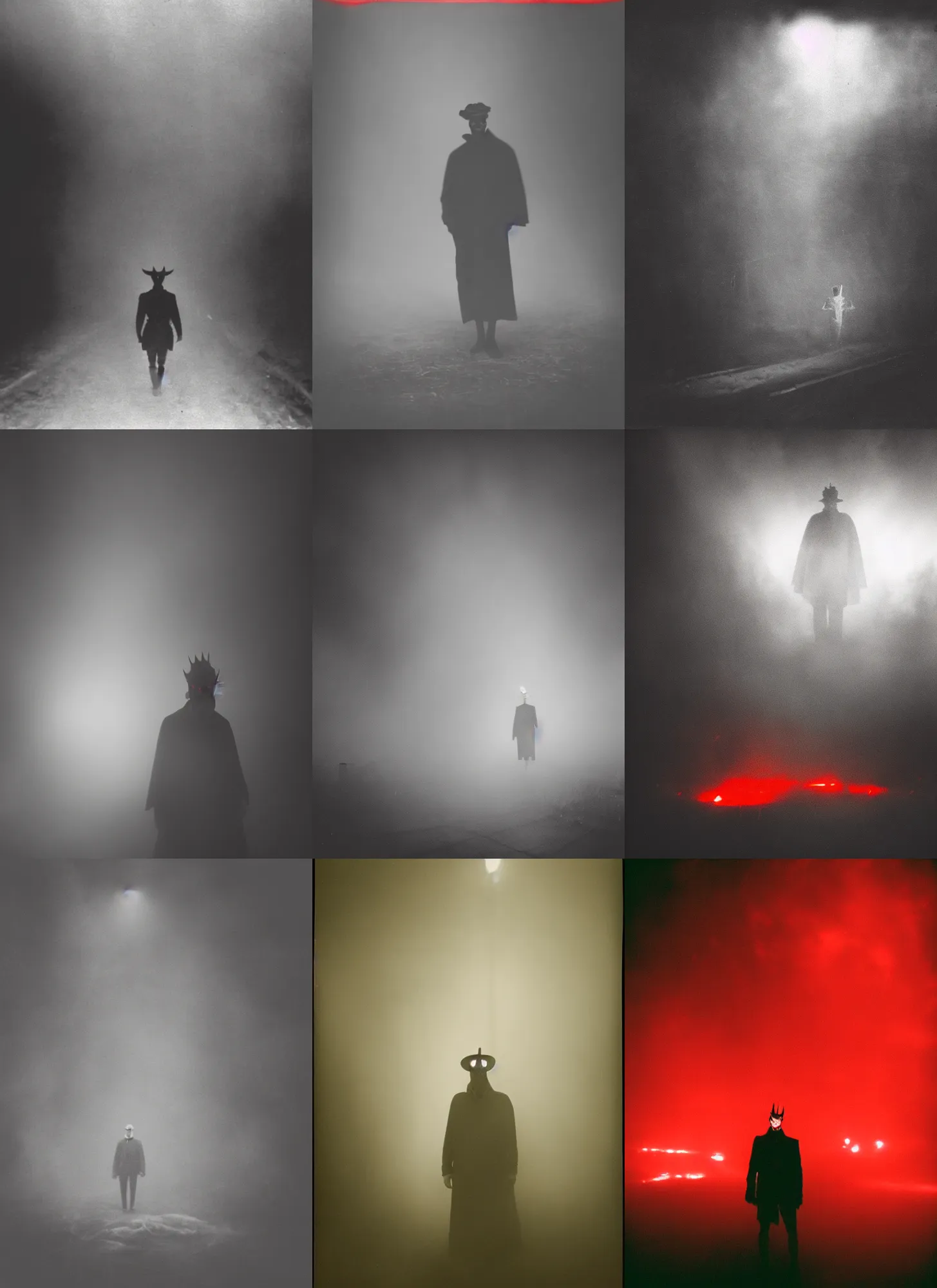 Prompt: photograph of lucifer, scary, red lights, 1 9 1 6, fog, atmospheric